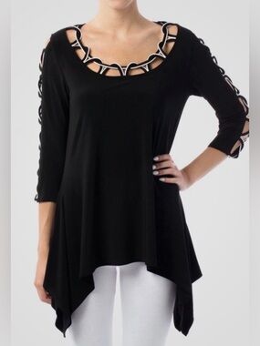 Joseph Ribkoff Black White Detail on Sleeves Size 6 Blouse Top Tunic